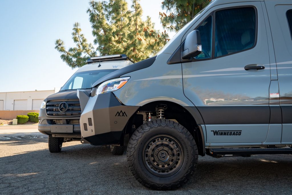 Backwoods VS30 Mercedes Sprinter front bumper on a 2020 Winnebago Revel with Black Rhino Arsenal Wheels & BFG K02 Tires built by Agile Off Road