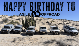 Photo of vans in the desert celebrating Agile Offroad's birthday